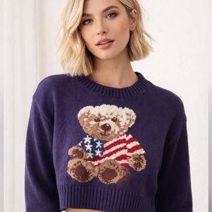 Grayson Threads🧸CUTE🧸TEDDY BEAR Navy Blue Cotton Blend Cropped Sweater Sz M